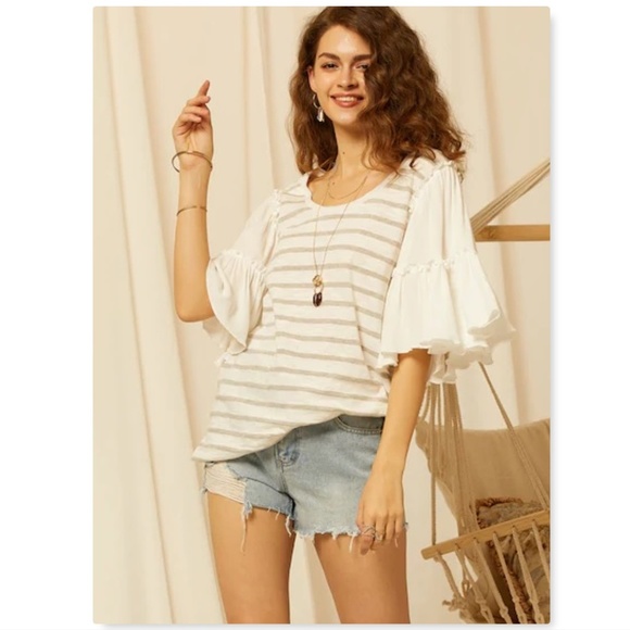 Tops - Striped exaggerated ruffle sleeve blouse/tunic